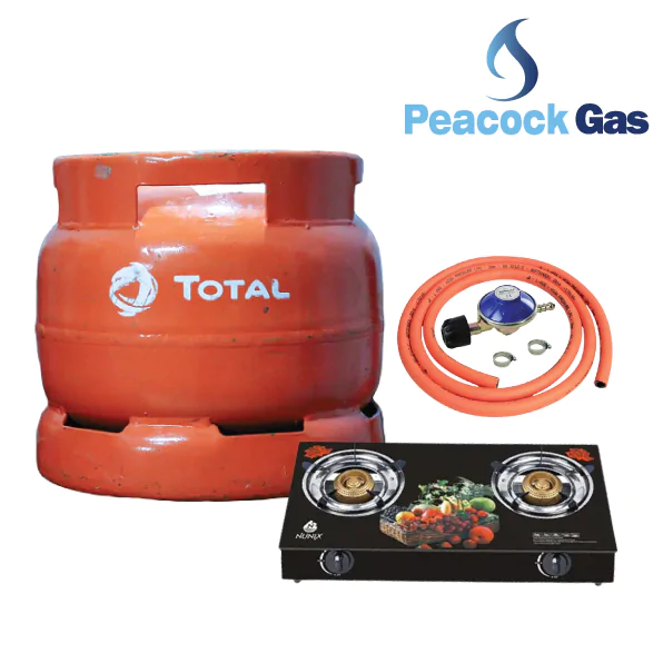 Total gas 6kg cooking set Total gas 6kg cooking set (total 6kg cylinder with gas + 6 kg regulator+ hosepipe + safety clips)- peacock gas-gas refill and delivery in Nairobi Kenya